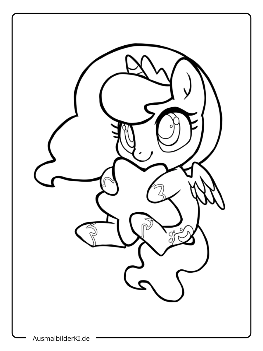 in niedliches Pony hält einen großen Stern fest.