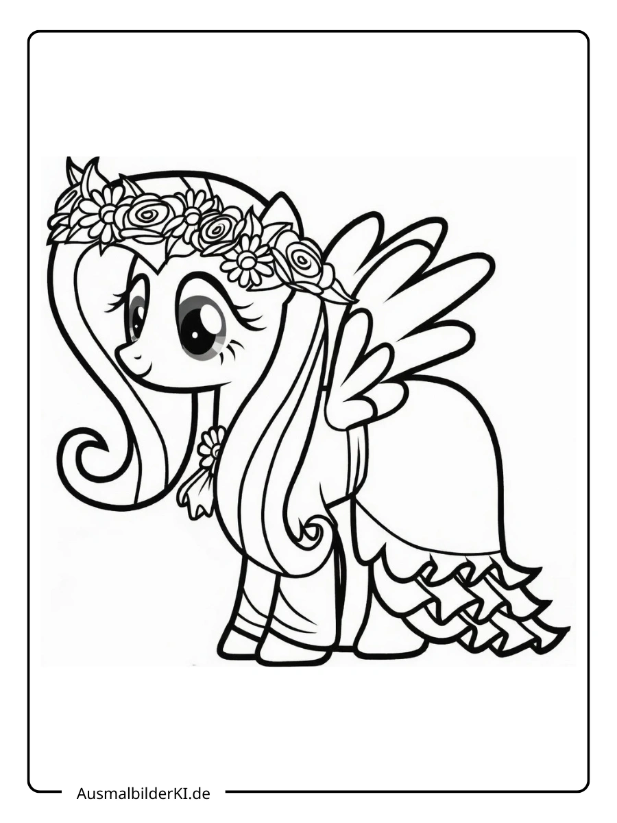 Fluttershy in einem wunderschönen Kleid mit Blumenkranz Ausmalbild.