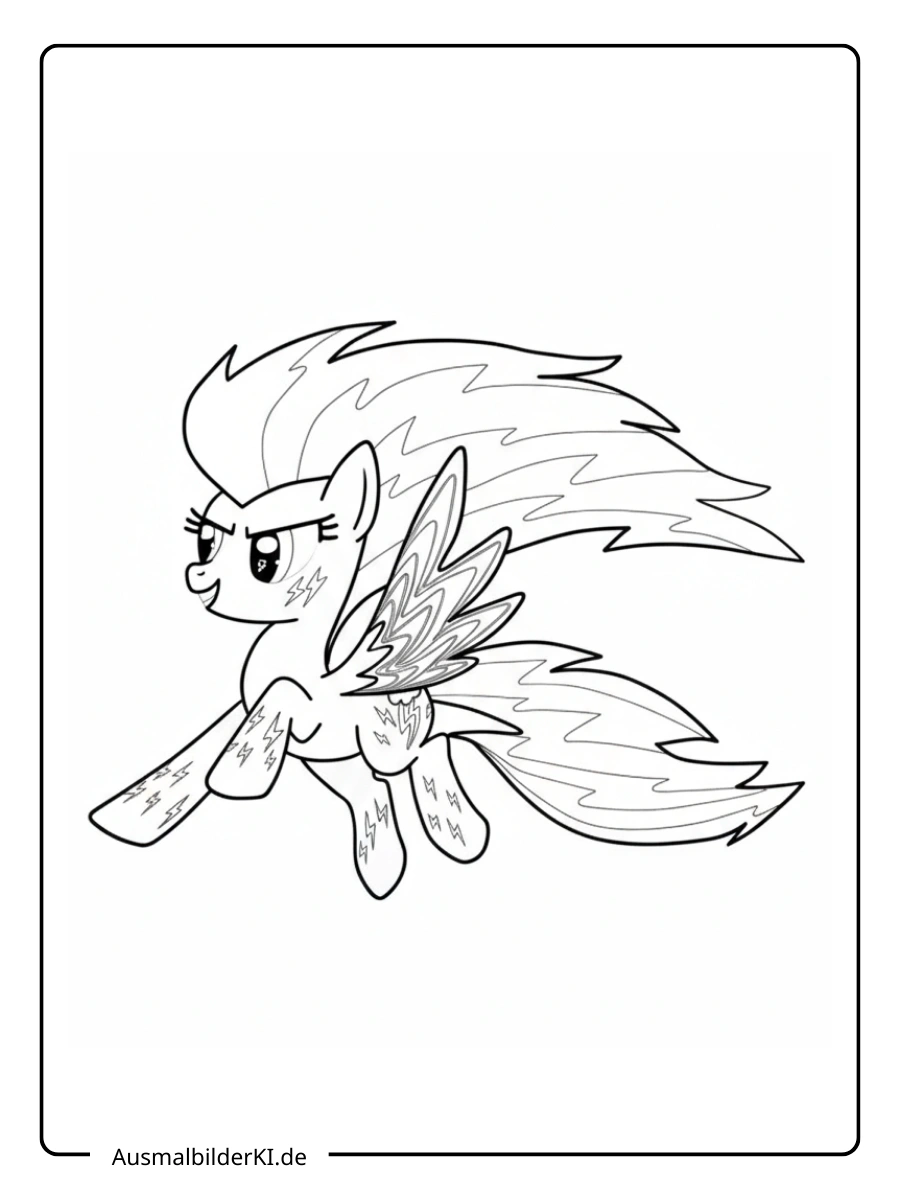 Rainbow Dash saust mit hoher Geschwindigkeit durch die Luft.