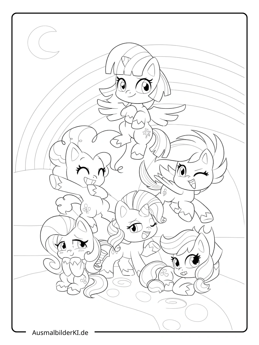 Ausmalvorlage My Little Pony Gruppe Mane 6 unter einem Regenbogen in Ponyville.