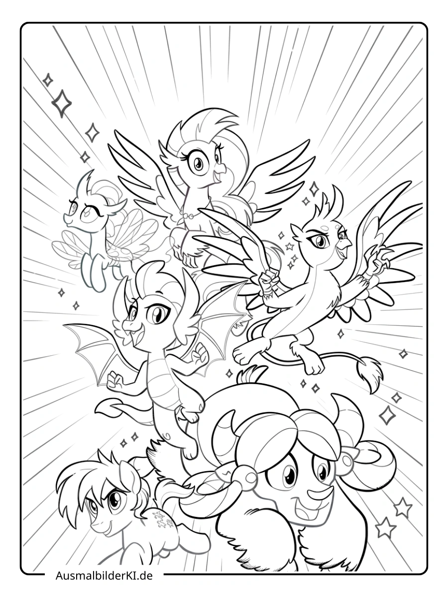 My Little Pony Mane 6 Gruppe singt gemeinsam ein Lied Ausmalbild.