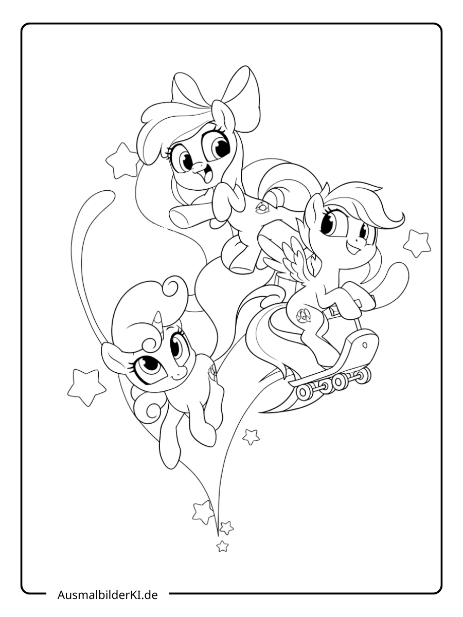 Kleine Ponys reiten auf einer Sternschnuppe durch den Himmel.