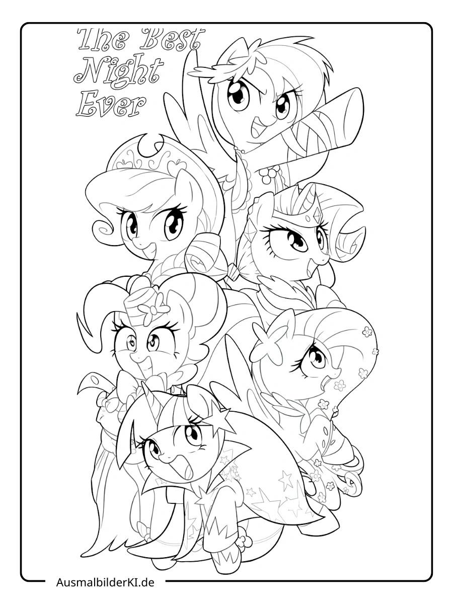 My Little Pony Gruppe "The Best Night Ever" Poster zum Ausmalen.