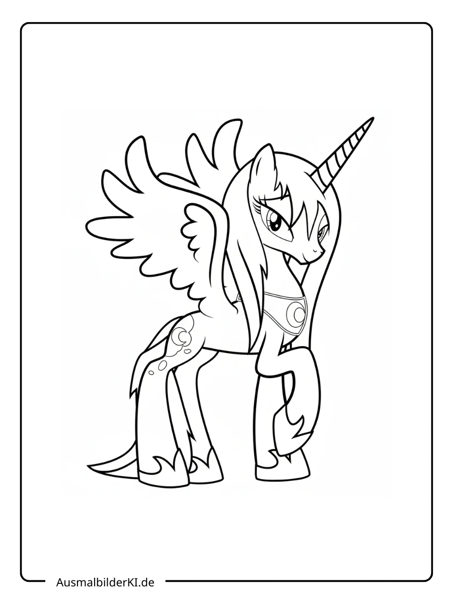Prinzessin Luna My Little Pony Ausmalvorlage mit Horn und Flügeln.
