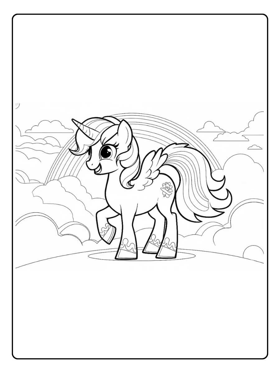 Pony auf einer Wiese mit Regenbogen im Hintergrund Malvorlage.