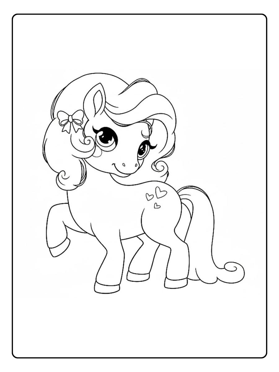 Niedliches Pony mit lockiger Mähne und Herz-Symbolen zum Ausmalen.