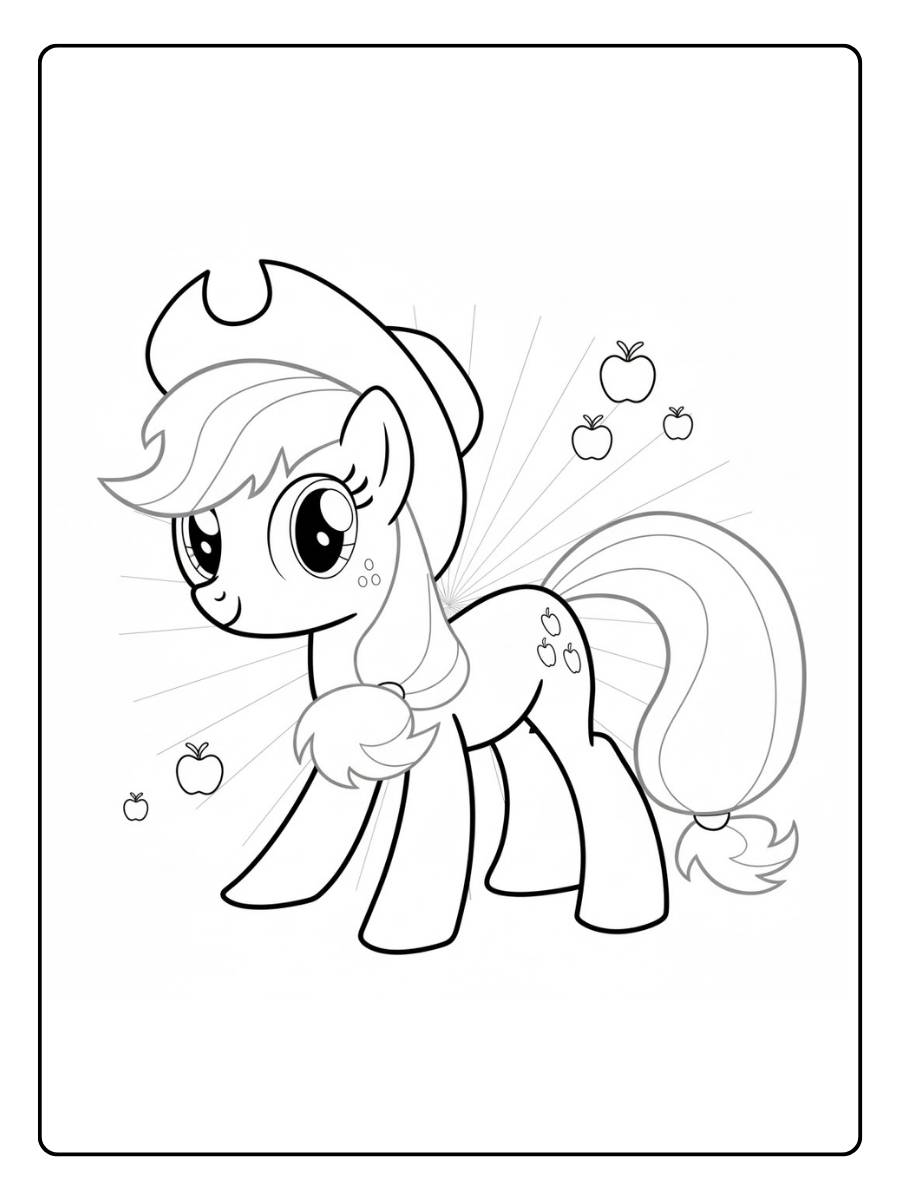 Applejack Pony Ausmalbild mit Äpfeln und Cowboyhut.
