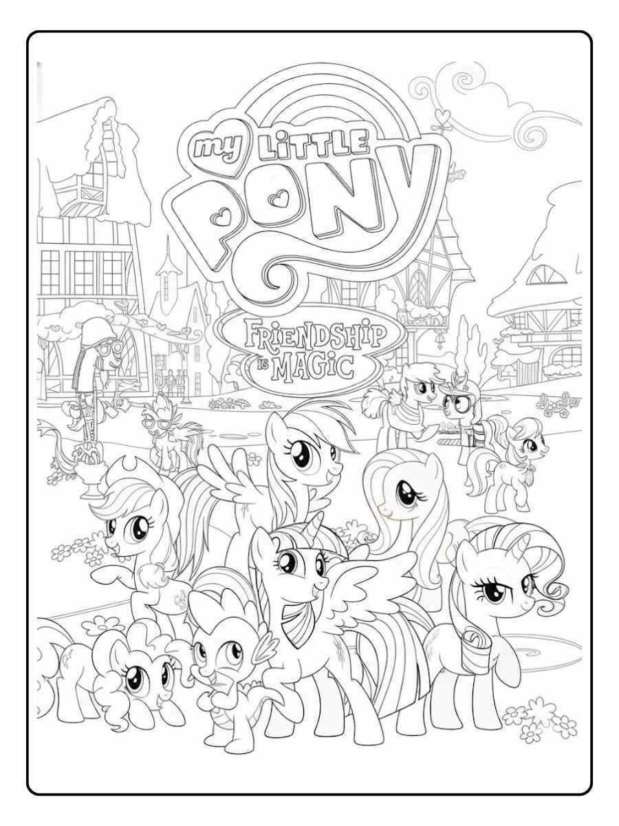 Große My Little Pony Gruppe vor der Kulisse von Ponyville.