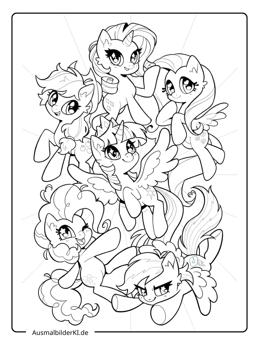 My Little Pony Mane 6 Gruppe Ausmalbild mit Twilight Sparkle und Freunden.
