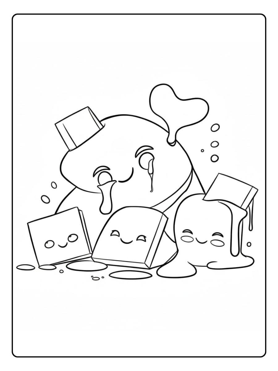 Ein kostenloses süßes Essen Ausmalbild als PDF zum Ausdrucken, das niedliche, schmelzende Butterstücke und Toast mit Kawaii-Gesichtern zeigt.