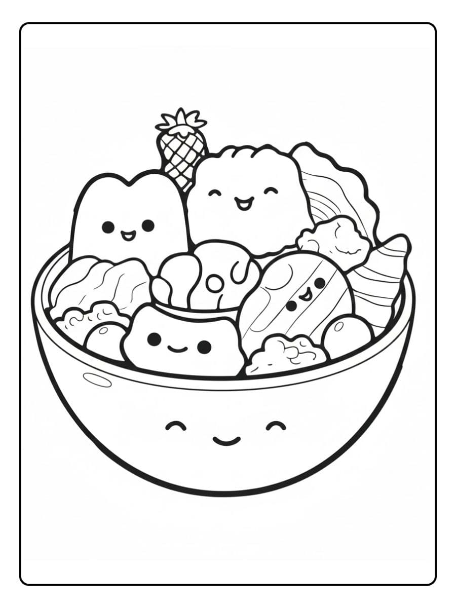 Ein kostenloses süßes Essen Ausmalbild als PDF zum Ausdrucken, das eine fröhliche Schüssel voller Kawaii-Desserts und Früchte mit Gesichtern zeigt.