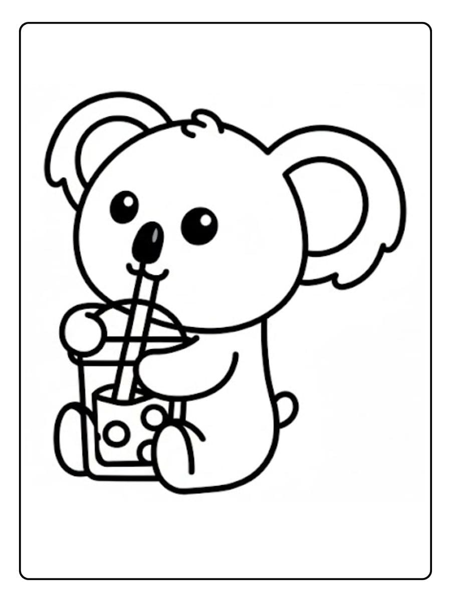 Ausmalbild niedlicher Koala, der einen Bubble Tea Becher hält.