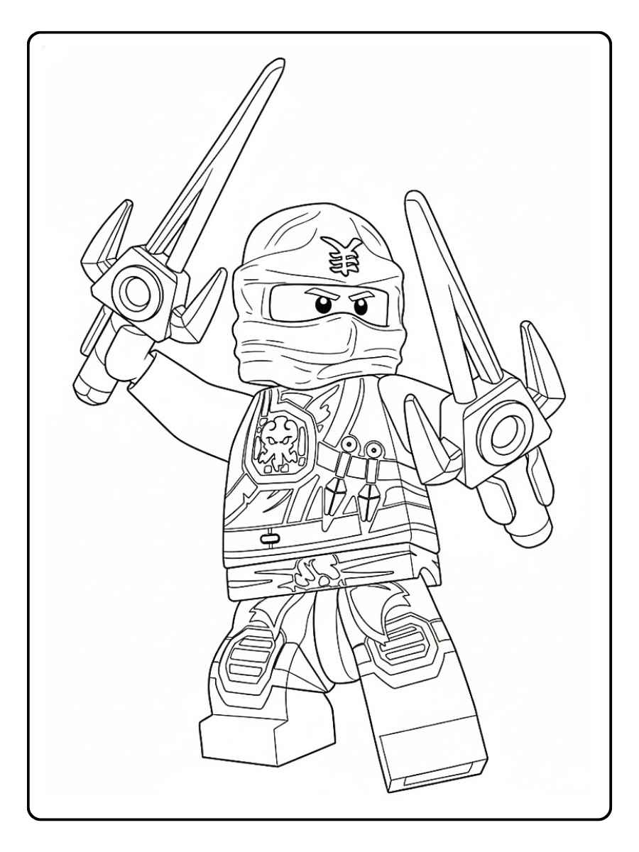 Ninjago Ausmalbilder alle Ninjas Chibi Ninja mit zwei Schwertern