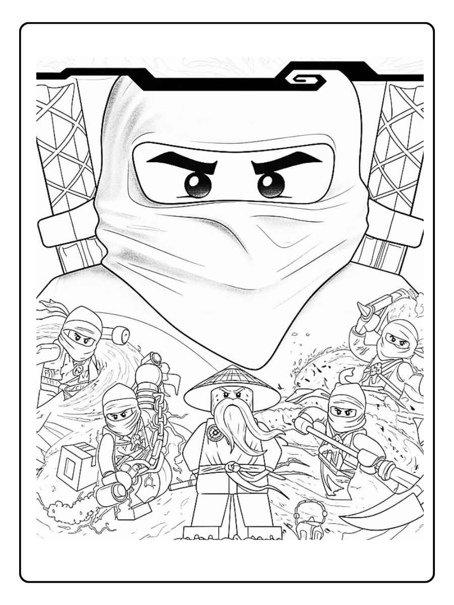 Ninjago Ausmalbilder alle Ninjas Nahaufnahme eines Ninja Gesichts mit Team dahinter