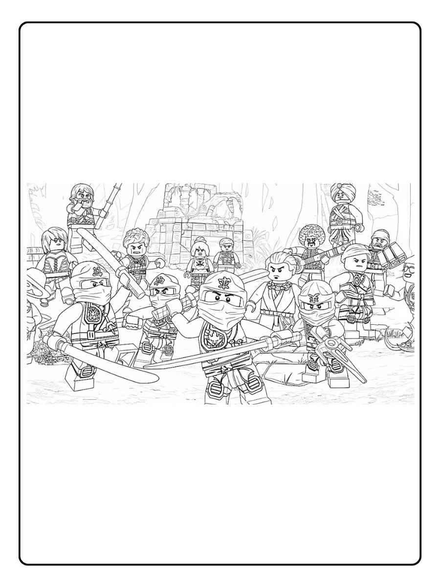 Ninjago Ausmalbilder alle Ninjas Ninja Gruppe in Kampfformation