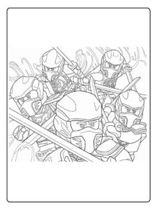 Ninjago Ausmalbilder alle Ninjas Ninja Team im Kampf mit Schwertern