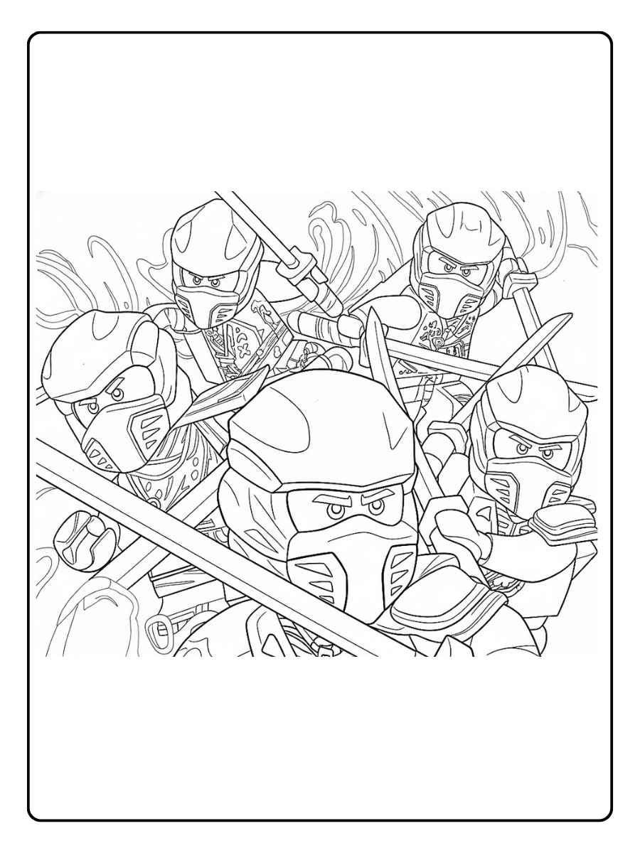 Ninjago Ausmalbilder alle Ninjas Ninja Team im Kampf mit Schwertern