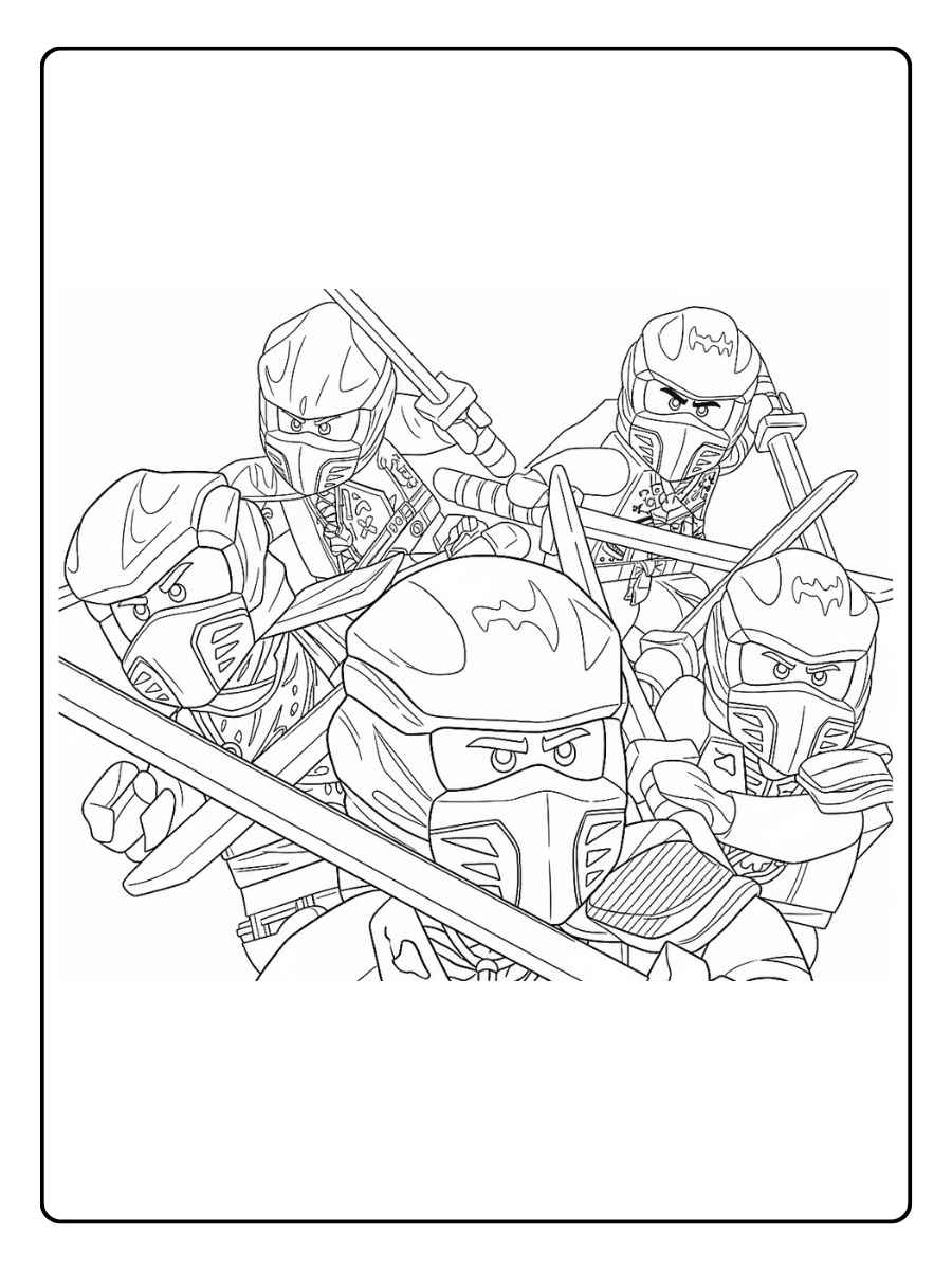Ninjago Ausmalbilder alle Ninjas Ninjas im Teamkampf mit verschiedenen Waffen