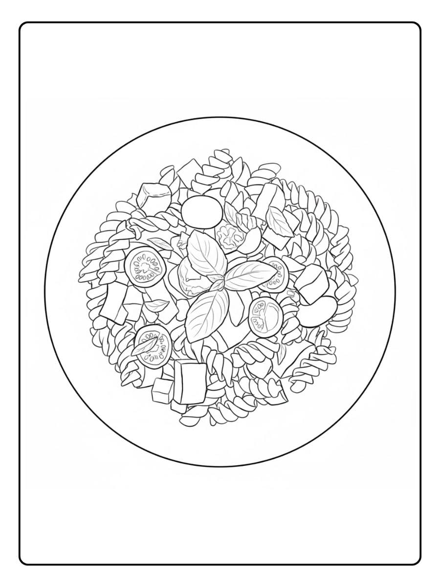 Ein kostenloses Essen Ausmalbild als PDF zum Ausdrucken, das einen detaillierten Teller mit Nudelsalat, Tomaten und Basilikum von oben zeigt.