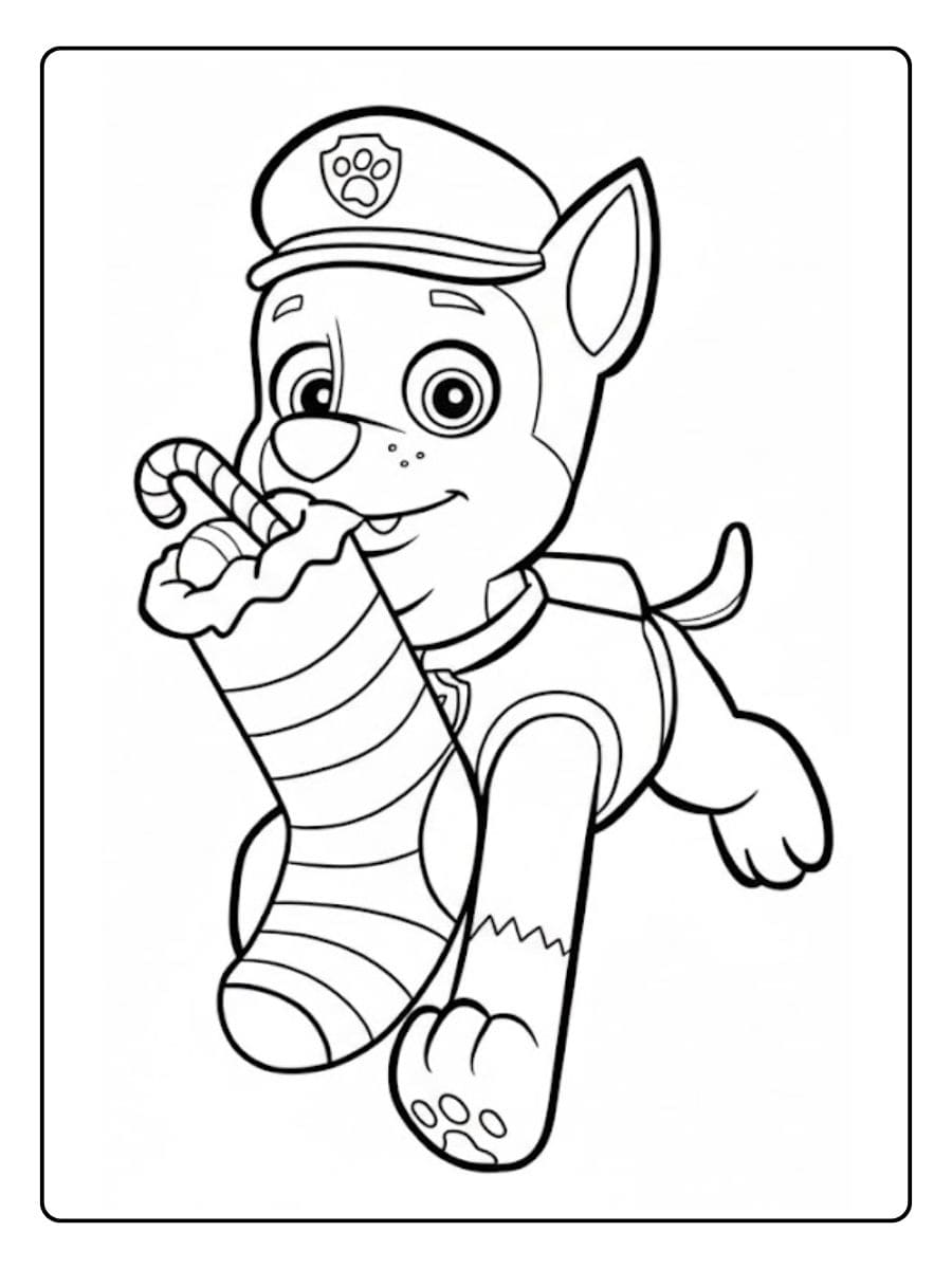 Paw Patrol Weihnachten Ausmalbilder Chase mit Weihnachtsstrumpf und Zuckerstange