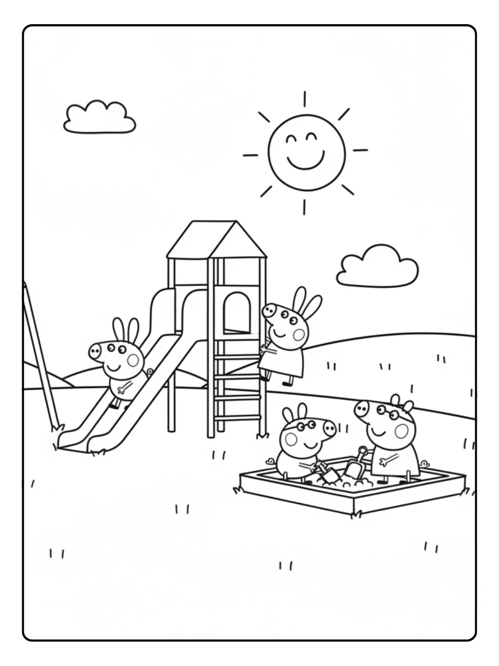 Peppa Wutz Ausmalbild – Peppa am Spielplatz mit Freunden