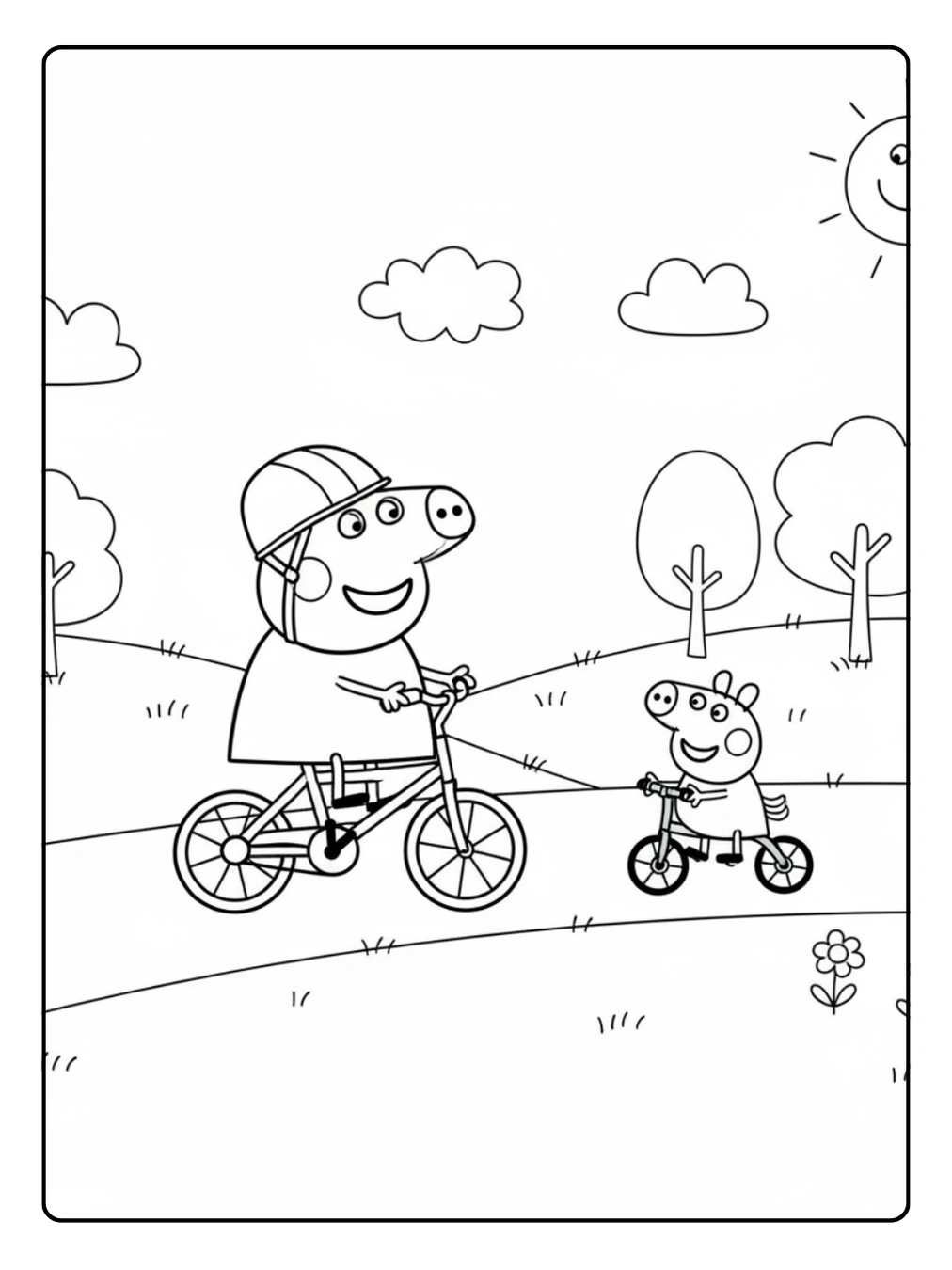 Peppa Wutz Ausmalbild – Peppa fährt Fahrrad durch den Park