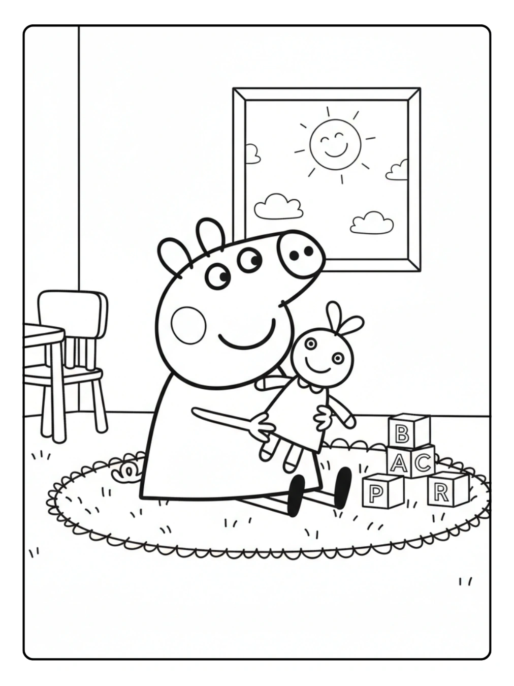 Peppa Wutz Ausmalbild – Peppa spielt mit ihrer Puppe