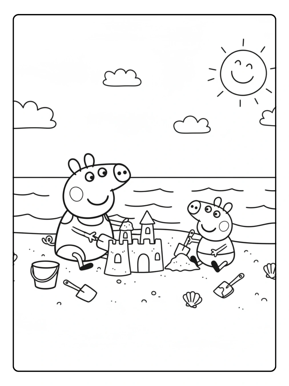 Peppa Wutz Ausmalbild – Peppa und George bauen am Strand