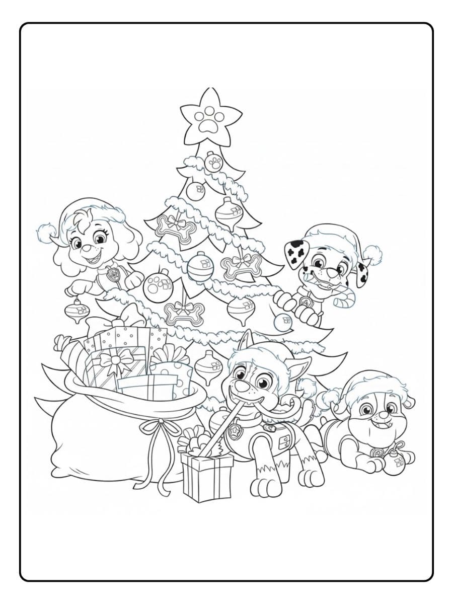 PAW Patrol Ausmalbild mit Welpen vor einem geschmückten Weihnachtsbaum und Geschenksack.