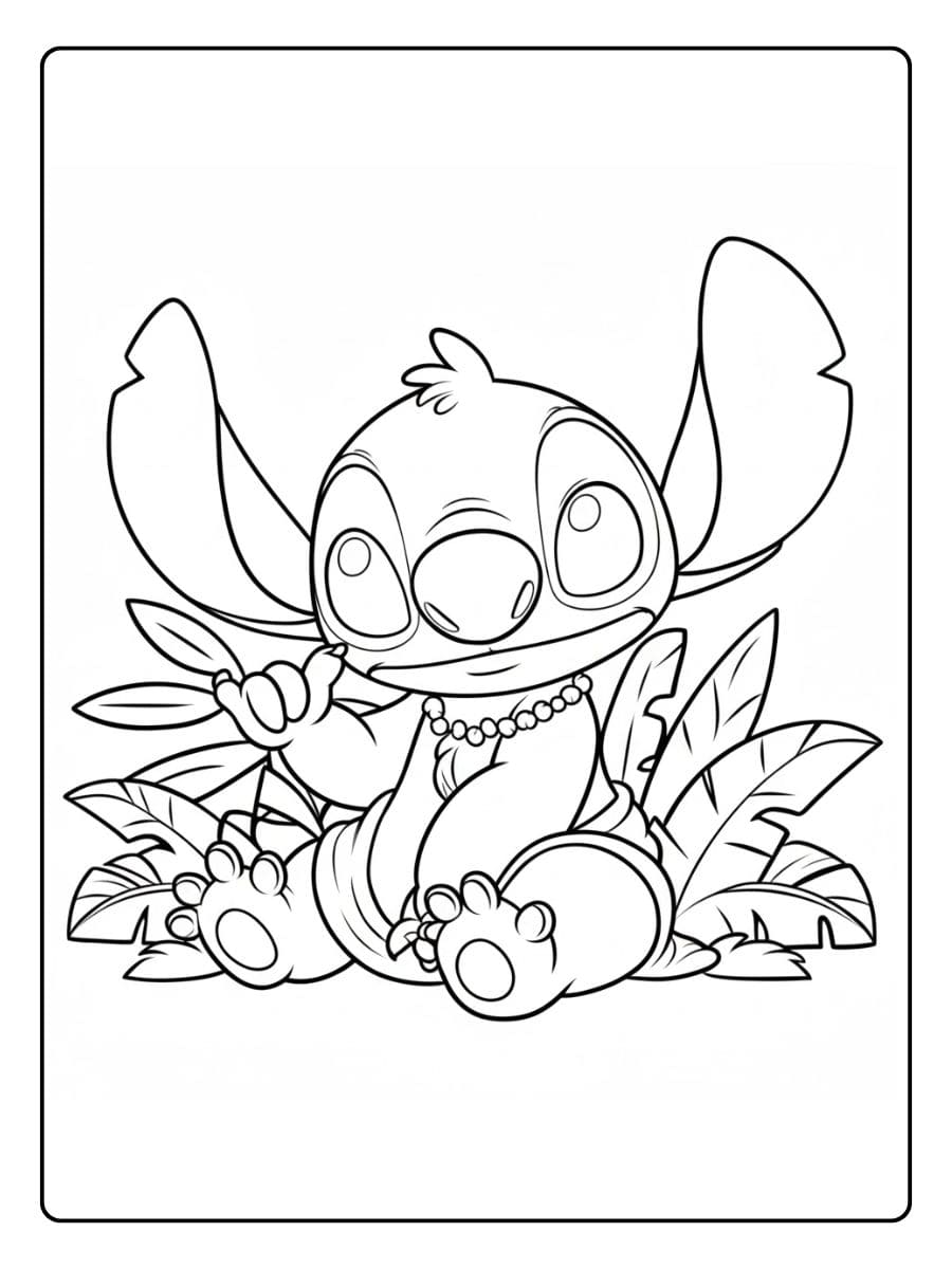 Stitch Ausmalbilder Stitch im Hawaii Look mit Pflanzen