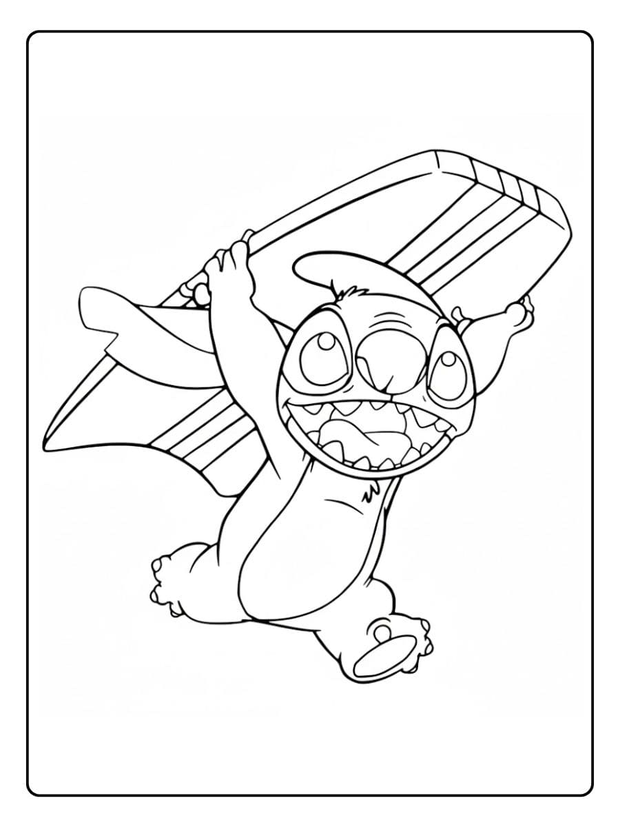 Stitch Ausmalbilder mit Surfbrett auf dem Kopf
