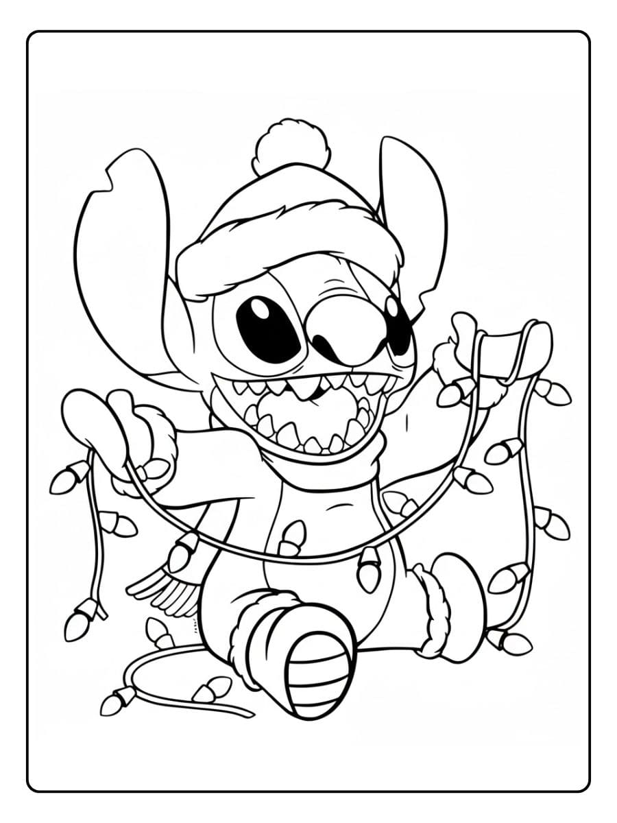 Stitch Ausmalbilder Weihnachten Lustiger Stitch mit Lichterkette
