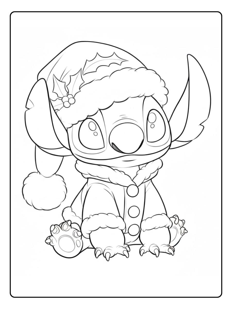 Stitch Ausmalbilder Weihnachten Süßer Stitch mit Weihnachtsmütze und Zuckerstange