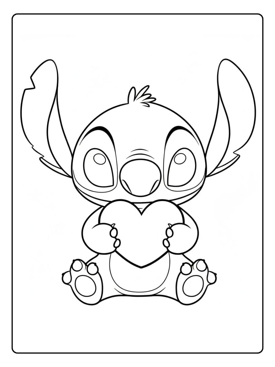 Stitch sitzt und hält ein großes Herz.
