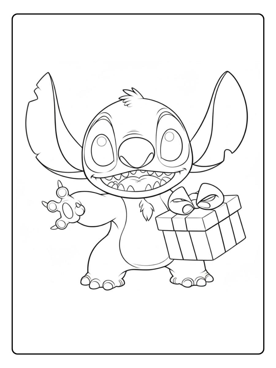 Stitch hält ein großes eingepacktes Geschenk.