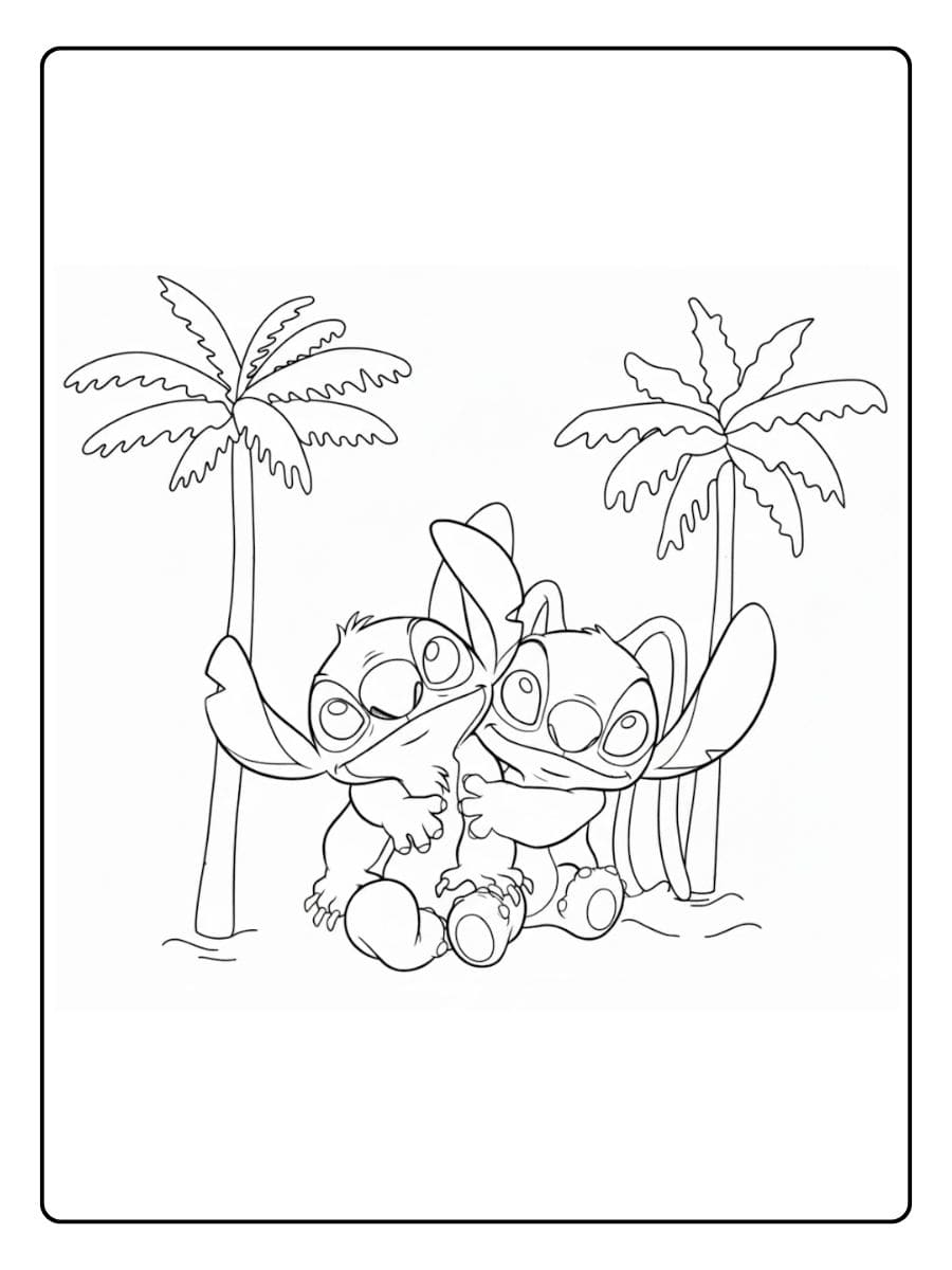 Stitch und Angel Ausmalbilder Liebevolle Umarmung unter Palmen