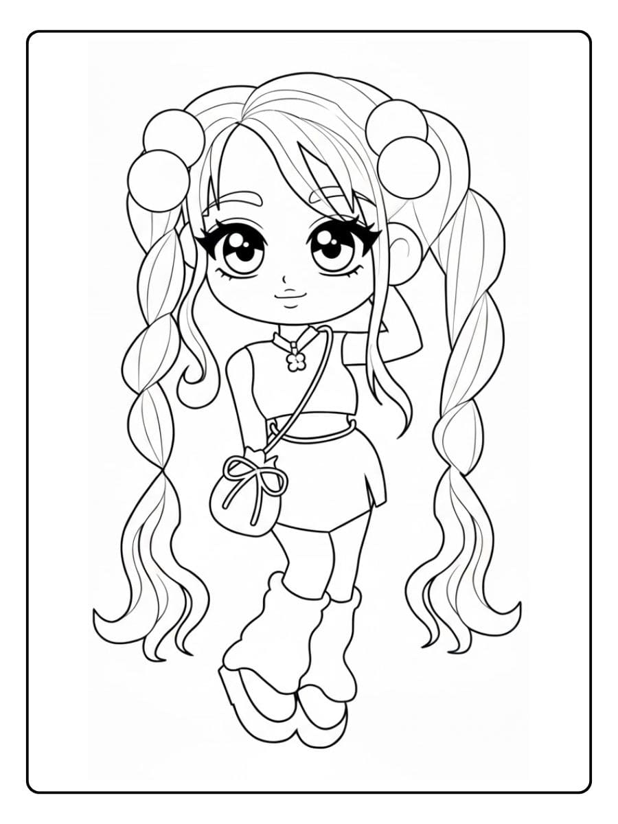 Süße Anime Mädchen Ausmalbild Zöpfe und Tasche