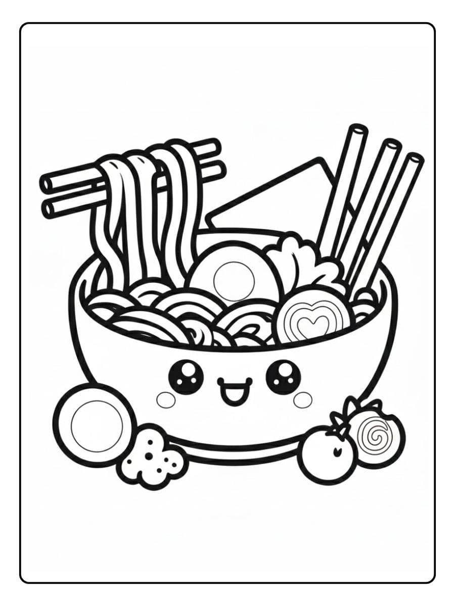 Ein kostenloses süßes Essen Ausmalbild als PDF zum Ausdrucken, das eine niedliche Ramen-Schüssel mit Stäbchen und Zutaten zeigt.