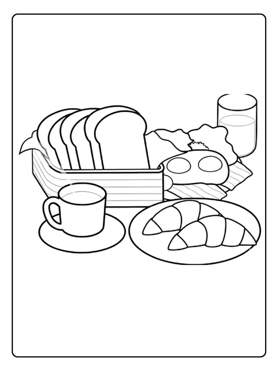 Ein kostenloses Essen Ausmalbild als PDF zum Ausdrucken, das ein leckeres Frühstück mit Brot, Croissants, Eiern und Kaffee zeigt.