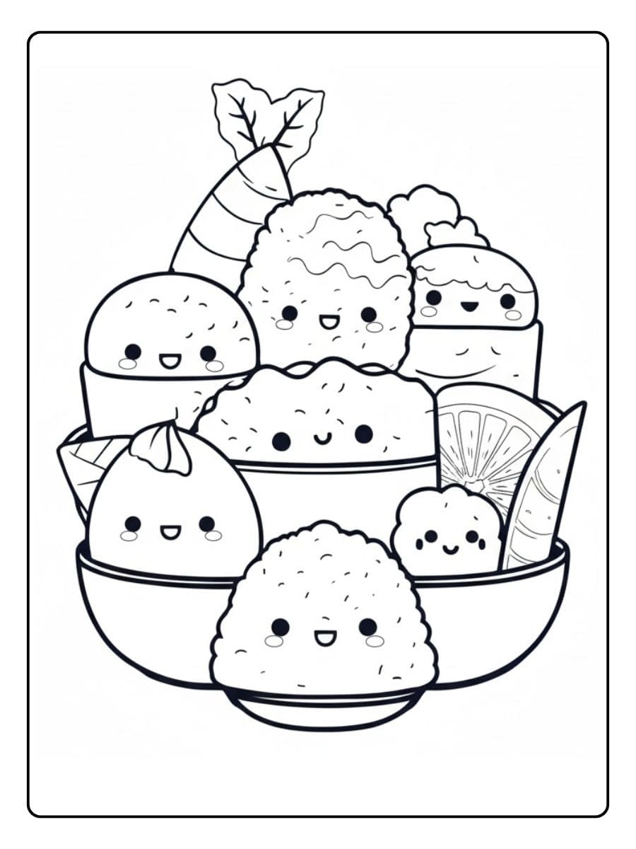 Ein kostenloses süßes Essen Ausmalbild als PDF zum Ausdrucken, das eine Schüssel voller Kawaii-Leckereien wie Reisbällchen und Früchte mit Gesichtern zeigt.