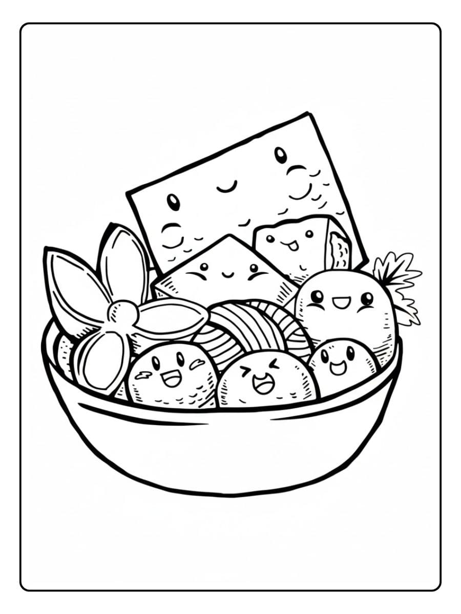 Ein kostenloses süßes Essen Ausmalbild als PDF zum Ausdrucken, das eine Schüssel mit niedlichen Tofu-Stücken und Klößen mit Kawaii-Gesichtern zeigt.