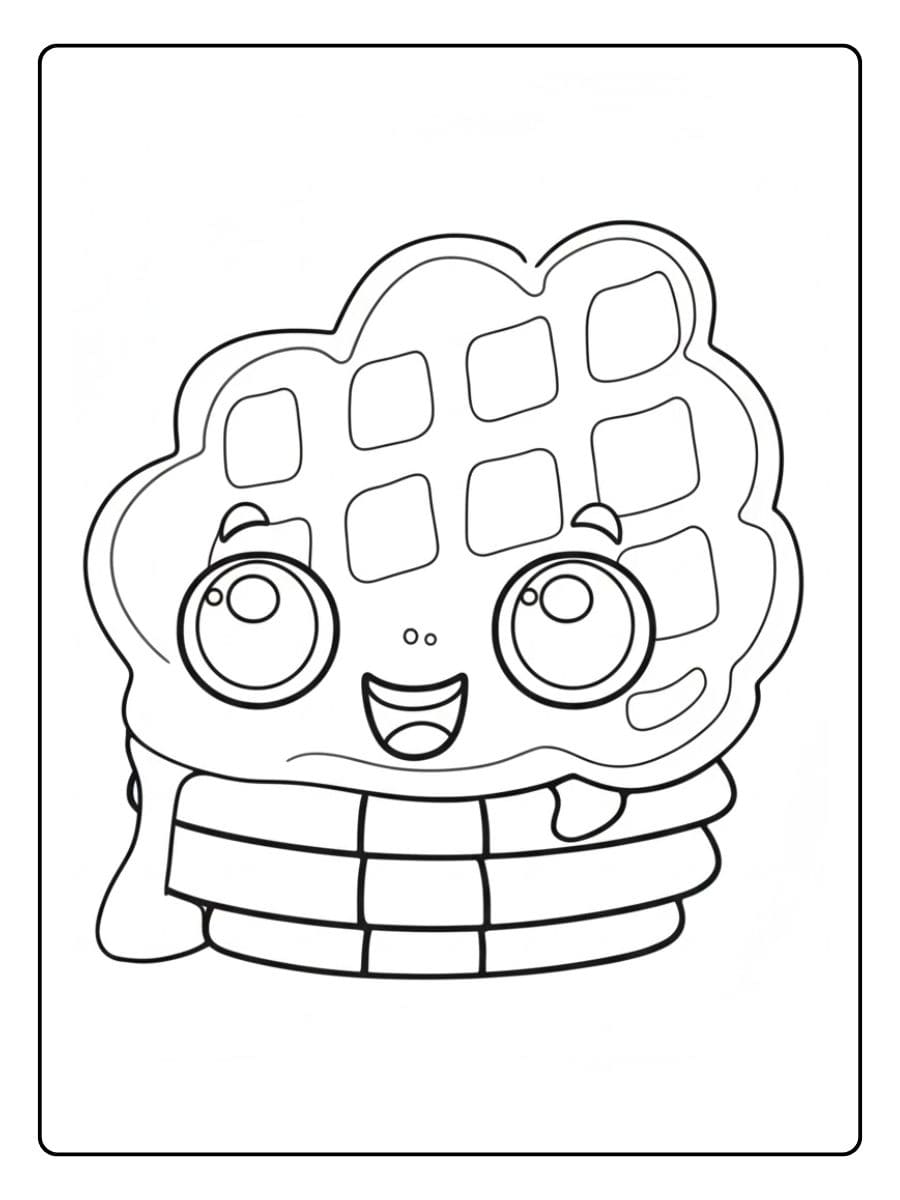 Ein kostenloses süßes Essen Ausmalbild als PDF zum Ausdrucken, das eine fröhliche Kawaii-Waffel mit großen Augen und einem Lächeln zeigt.
