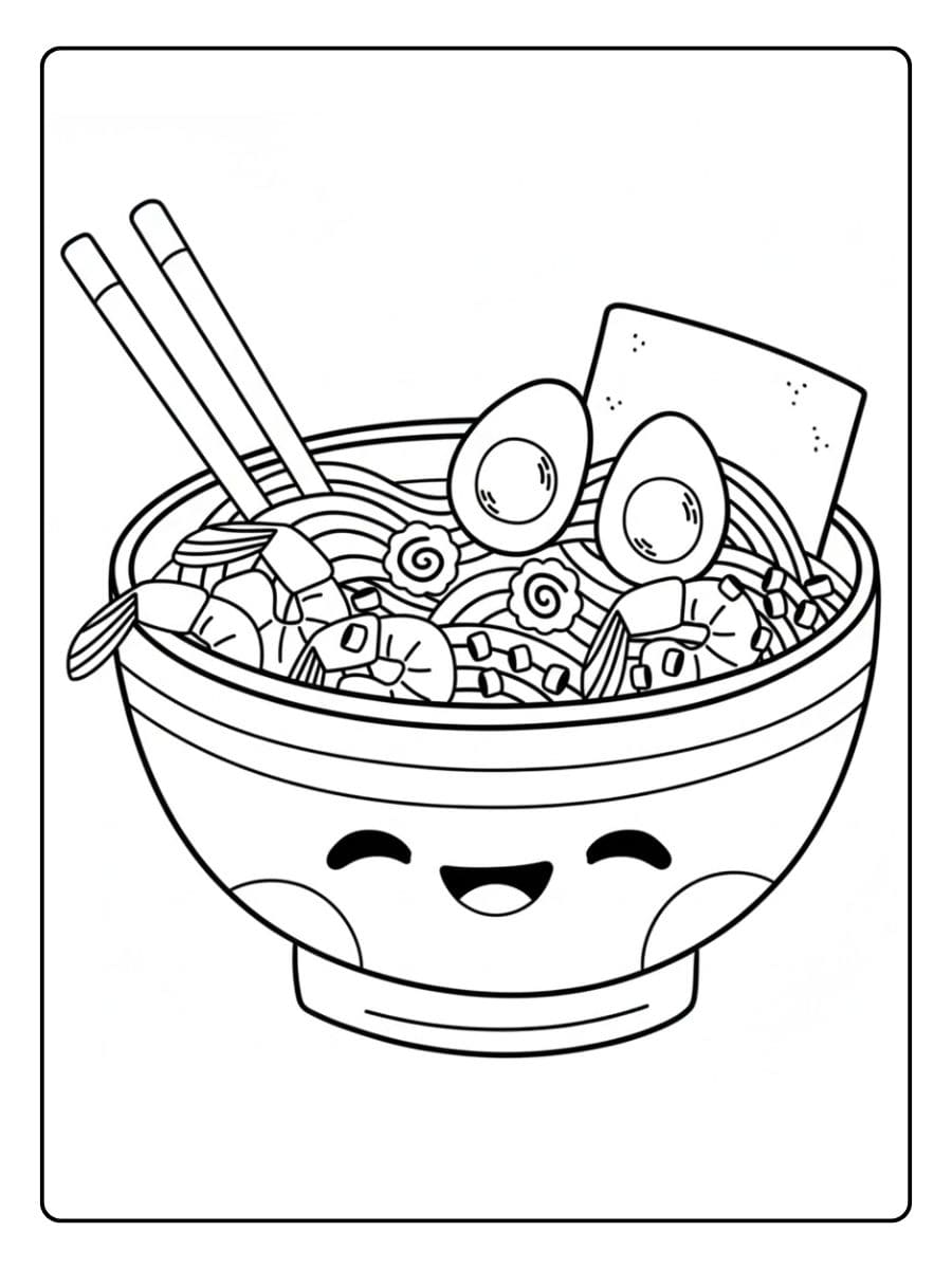Ein kostenloses süßes Essen Ausmalbild als PDF zum Ausdrucken, das eine lachende Ramen-Schüssel mit Stäbchen, Eiern und Garnelen zeigt.