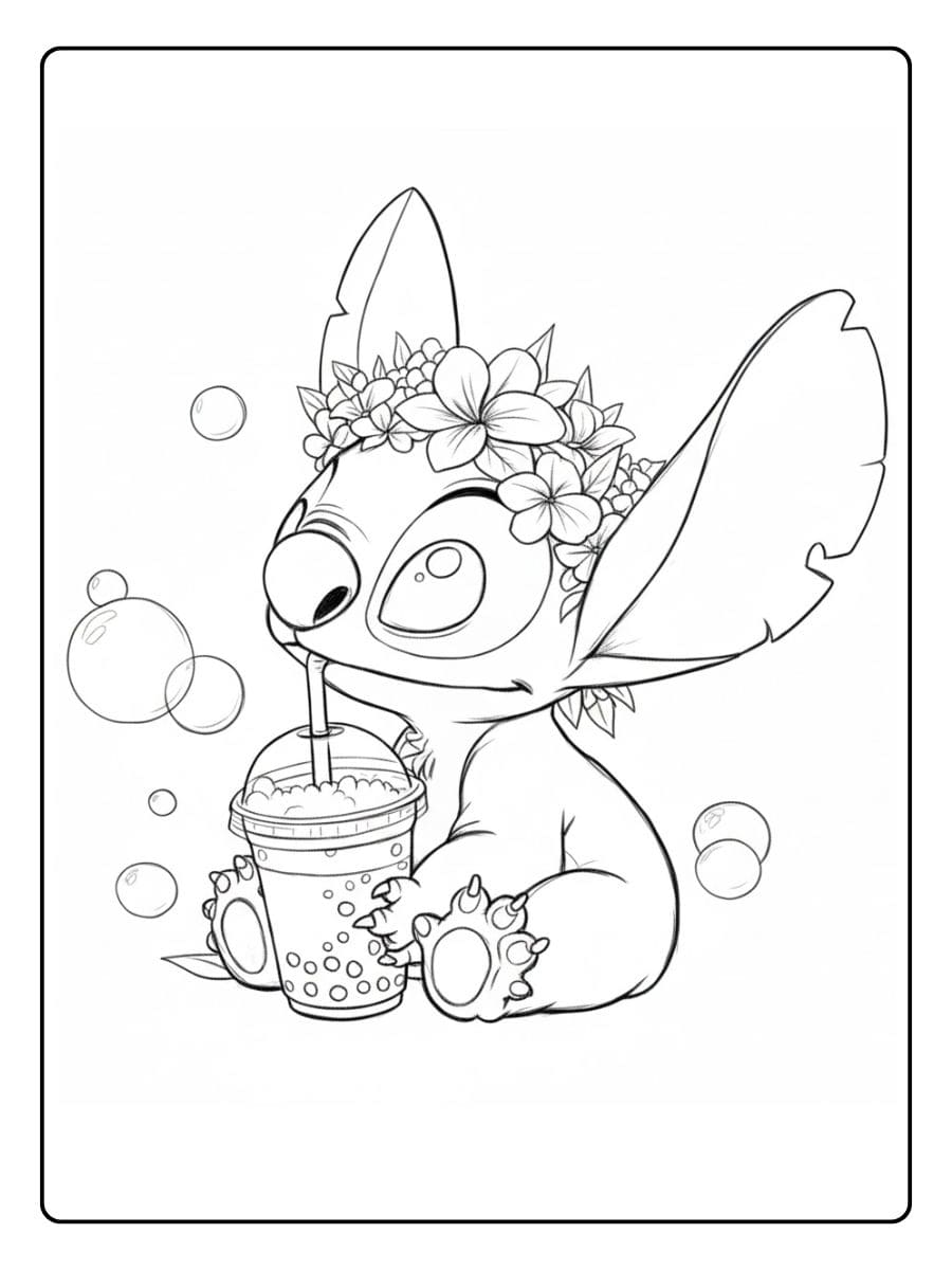 Süße Ausmalbilder Stitch mit Bubble Tea