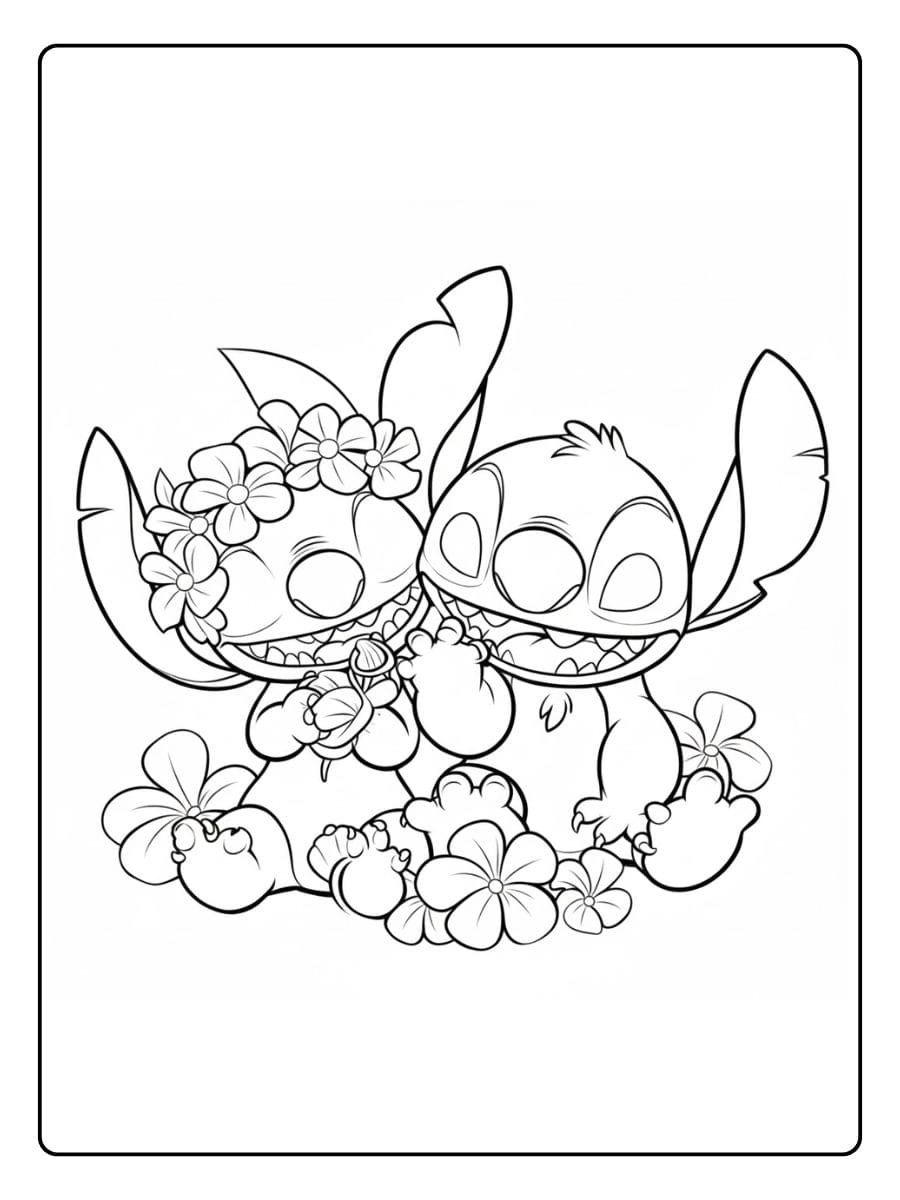Süße Stitch und Angel Ausmalbilder mit Blumenkranz
