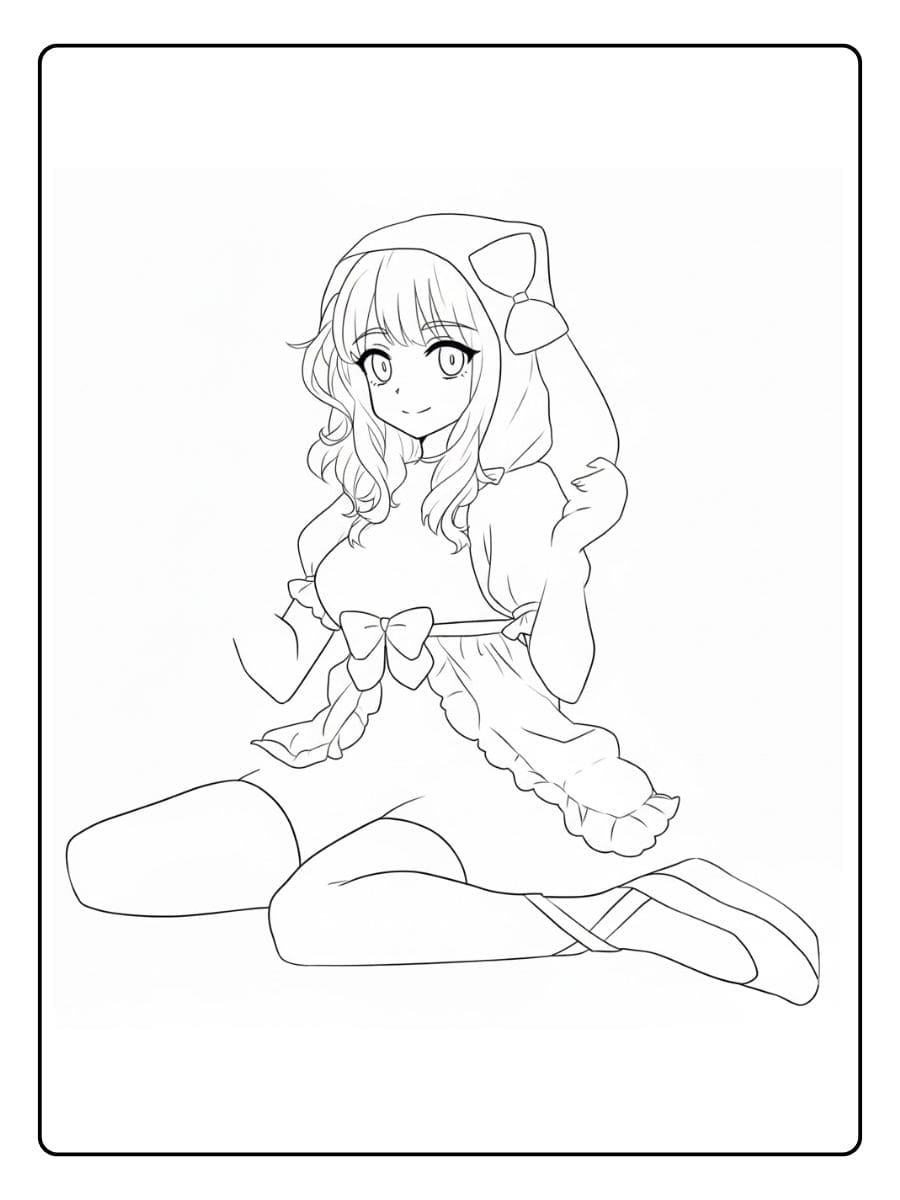 Süßes Anime Mädchen mit Kapuze Ausmalbild für Erwachsene und Kinder