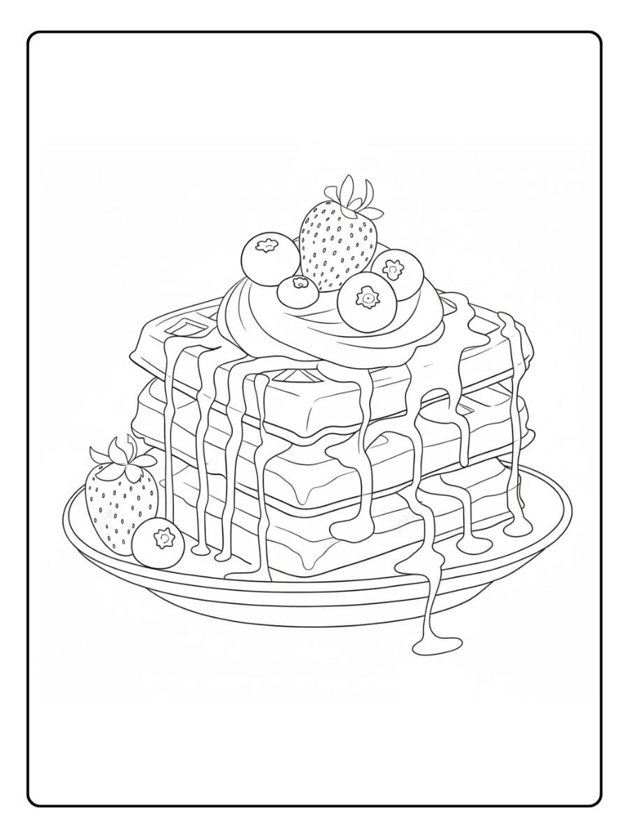 Ein kostenloses süßes Essen Ausmalbild als PDF zum Ausdrucken, das einen Stapel Waffeln mit Sirup, Sahne und Beeren zeigt