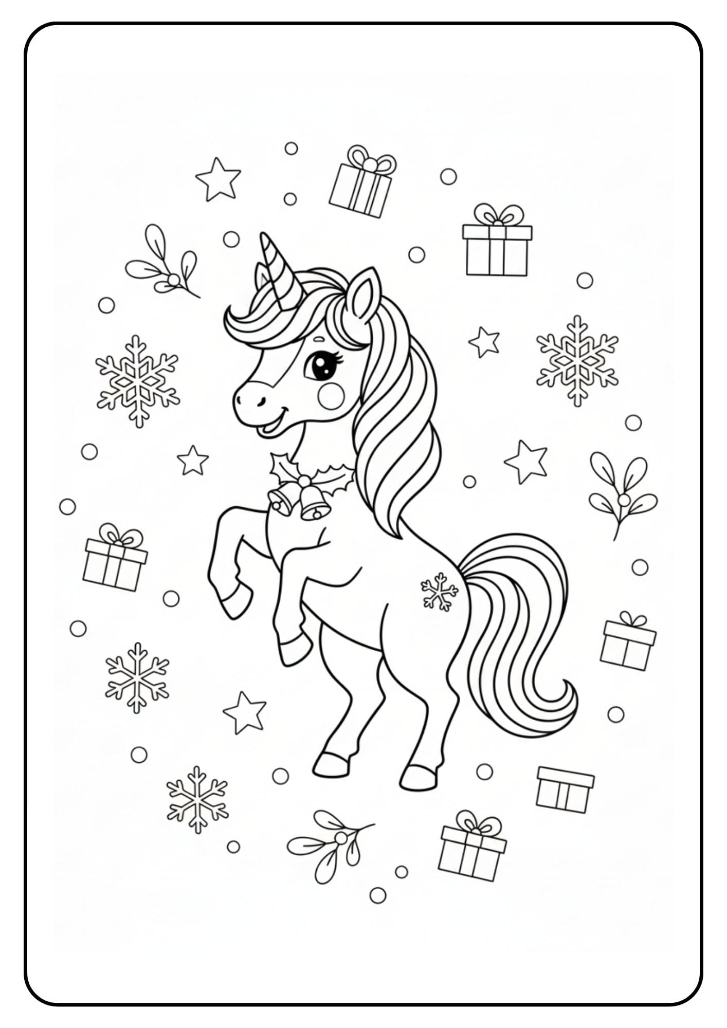 Ein kostenloses Einhorn Ausmalbild als PDF zum Ausdrucken, das ein fröhliches Weihnachts-Einhorn umgeben von Geschenken und Schneeflocken zeigt.