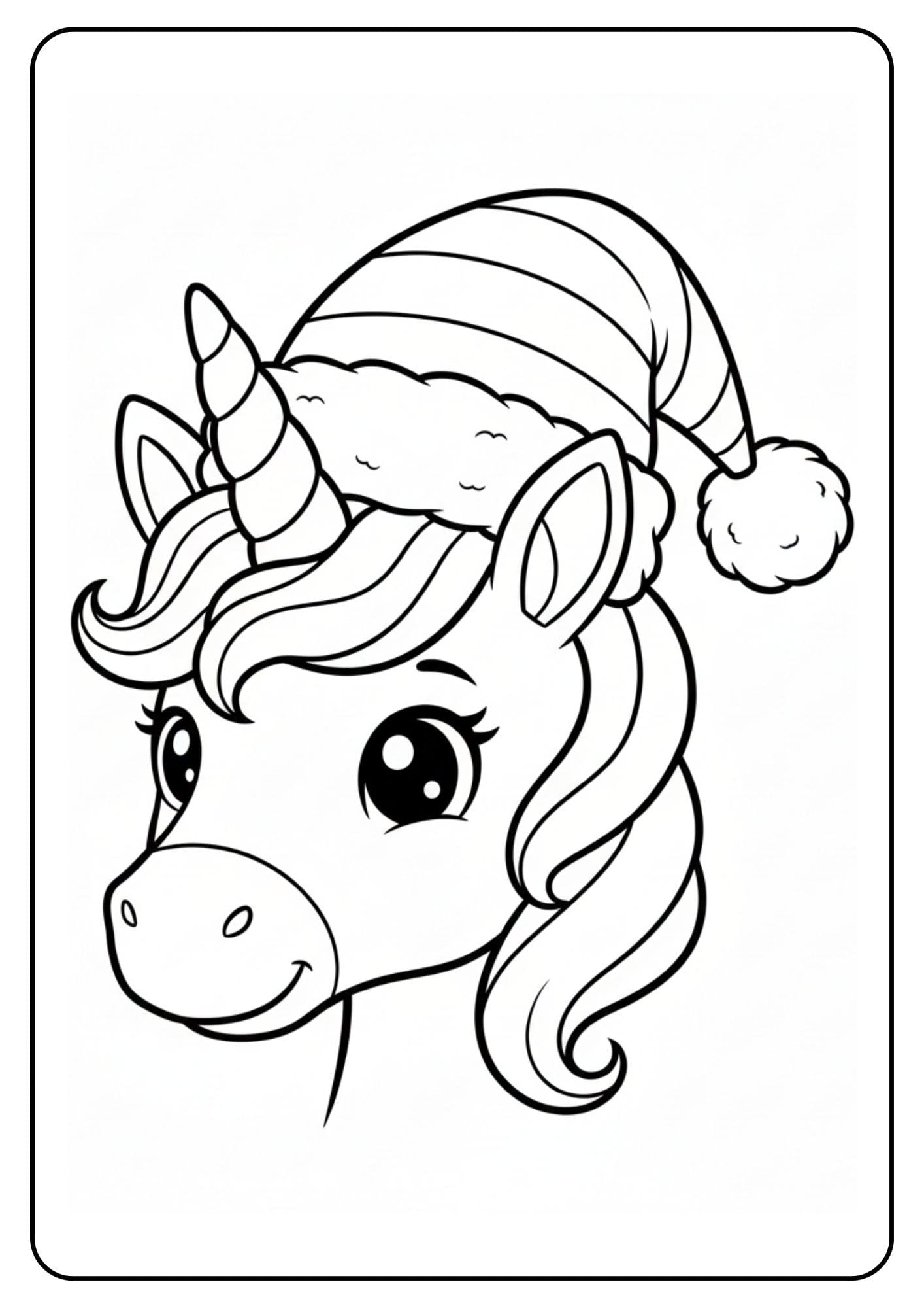 Ein kostenloses Einhorn Weihnachten Ausmalbild für Kinder, das den Kopf eines niedlichen Einhorns mit einer gestreiften Weihnachtsmütze zeigt.