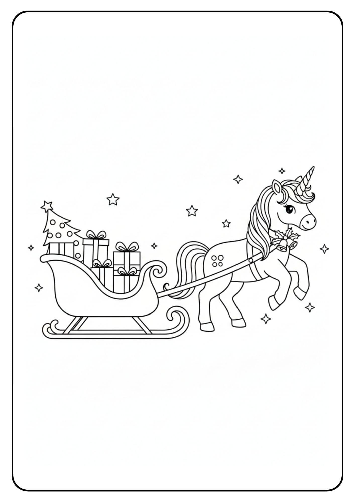 Ein kostenloses Einhorn Weihnachten Ausmalbild für Kinder, das ein Einhorn zeigt, das einen Schlitten voller Geschenke und einen Weihnachtsbaum zieht.